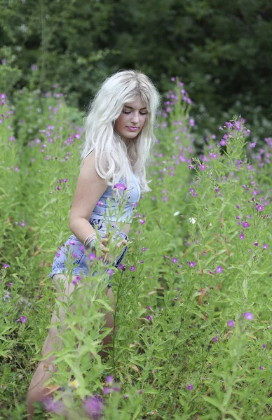 Hermosa mujer joven en la hierba larga — Foto de Stock