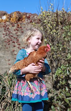 Pretty genç kız kahverengi tavuk tutarak