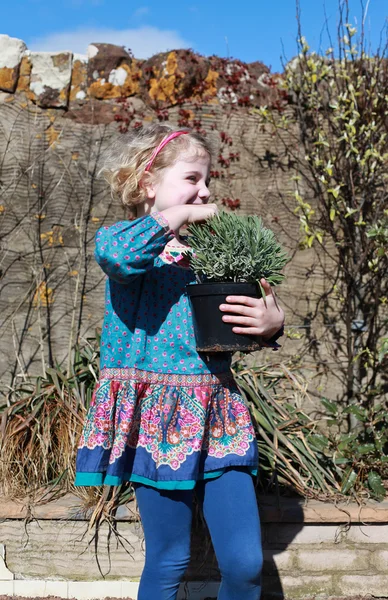 Menina bonita segurando um pote de lavanda — Fotografia de Stock