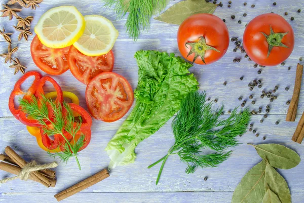 Verduras y especias sobre la mesa — Foto de Stock