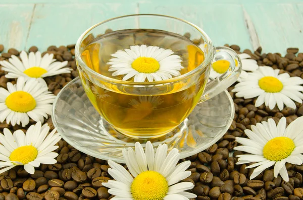 Tea with chamomile and coffee beans — Stock Photo, Image