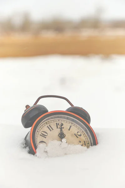 Old retro alarm clock in the snow in winter on the background of vegetation