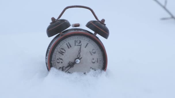 Vieux Réveil Sonne Huit Heures Matin Debout Dans Neige — Video