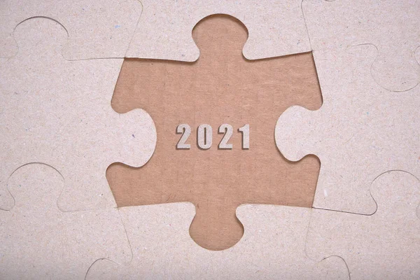 Missing Piece Puzzle Background Cardboard Numbers Two Thousand Twenty First — Stock Photo, Image