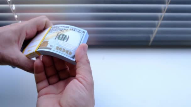 Stack Hundred Dollar Bills Your Hands Success Enjoyment Banknotes — Vídeo de Stock