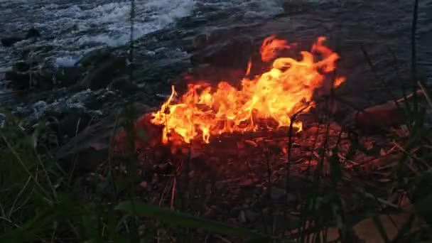 Brännande Eld Och Embers Bakgrund River Stones Och Stormy River — Stockvideo