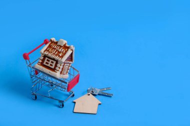 Ev alışveriş sepetinde, anahtarlar mavi arka planda, ev ya da daire satın alıyor.