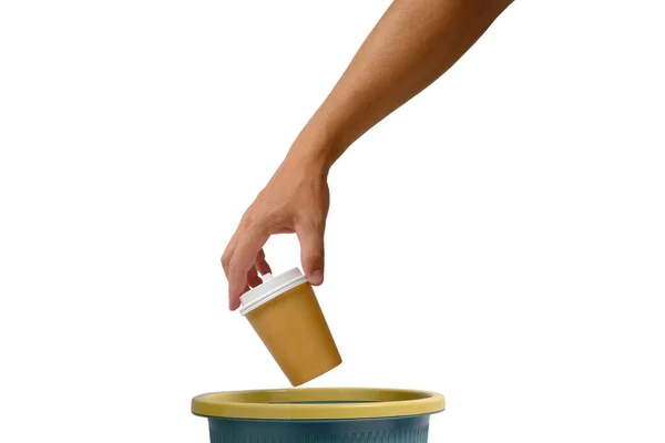 Kéz Fehér Háttér Dob Eldobható Csésze Elvitelre Kávé Szemetesbe Újrahasznosítás — Stock Fotó