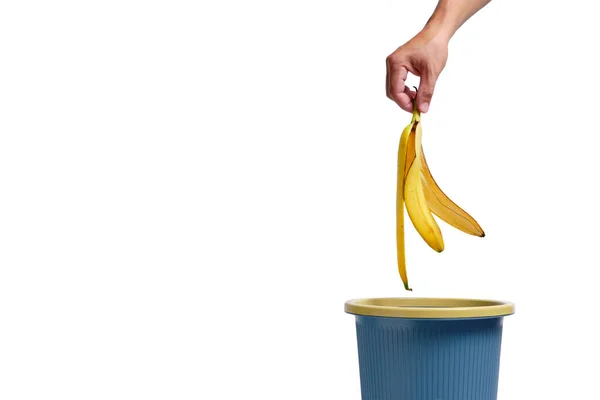 Man Hand Banana Peel Thrown Trash Food Waste — Stock Photo, Image