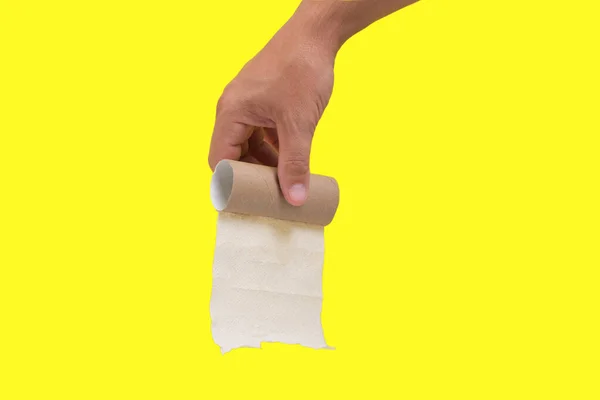 Rollo Papel Higiénico Usado Mano Sobre Fondo Amarillo Concepto Una — Foto de Stock