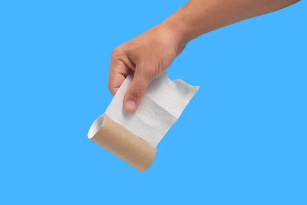 Used Roll Toilet Paper Your Hand Blue Background Concept Emergency — Stock Photo, Image
