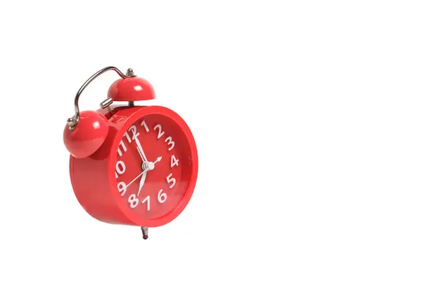 Reloj Despertador Rojo Sonando Aislado Sobre Fondo Blanco Ocho Mañana —  Fotos de Stock