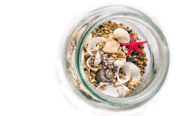 Zand van de zee- en schelpdieren in glazen containers — Stockfoto