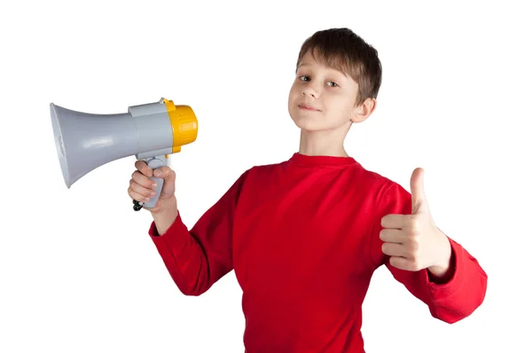 Menino de pulôver vermelho segurando megafone — Fotografia de Stock