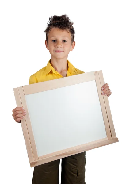 Bonito menino segurando branco bordo — Fotografia de Stock