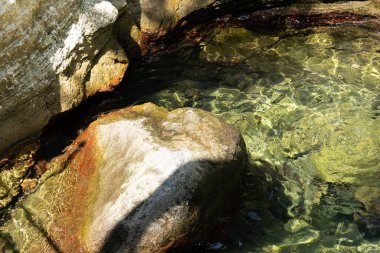 Temiz, sığ bir havuzu çevreleyen, şeffaf su ve hafif dalgalarla çevrili güneş ışığına yakın kayalar. Sıcak ışık dokuları vurgular, sakin bir kıyı manzarası yaratır