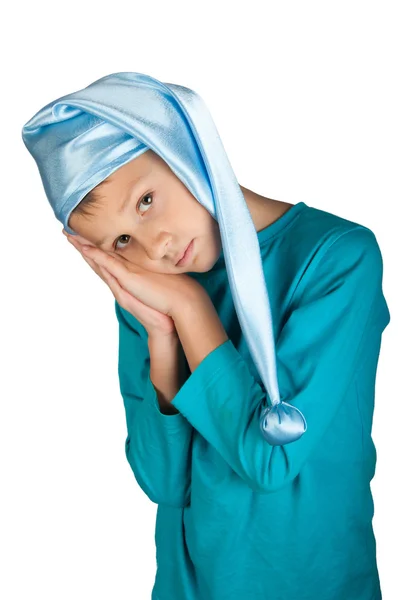 在孤立的蓝色睡衣的可爱男孩 — 图库照片
