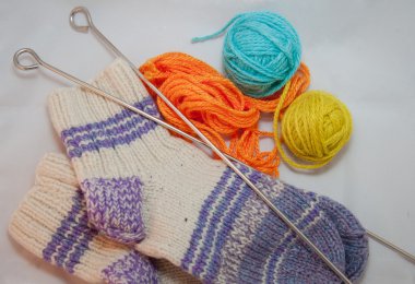 Wool, socks and knitting needles. knit work