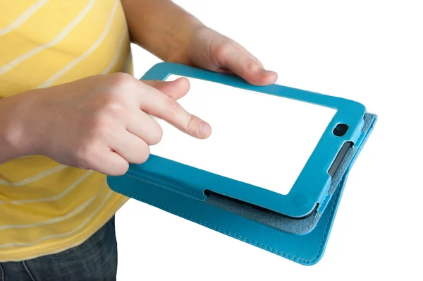 Manos de niño sosteniendo tableta digital aislada — Foto de Stock