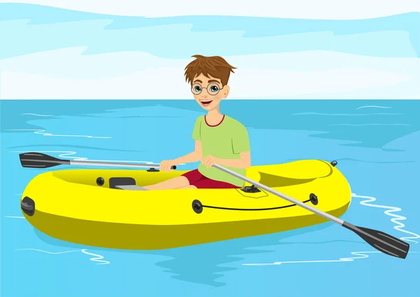 Teenager boy with glasses in yellow rubber boat — 스톡 벡터