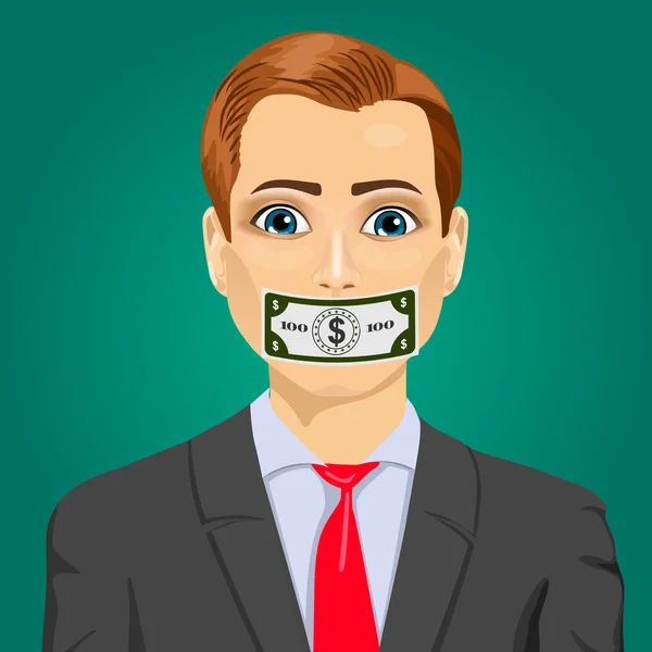 Beau jeune homme corrompu wuth cent dollar billet scotché à la bouche — Image vectorielle