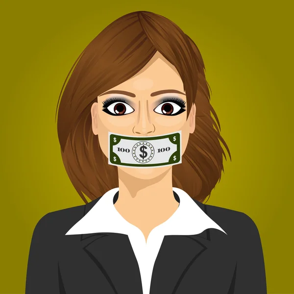 Young business woman wuth hundred dollar bill taped to mouth — Stok Vektör