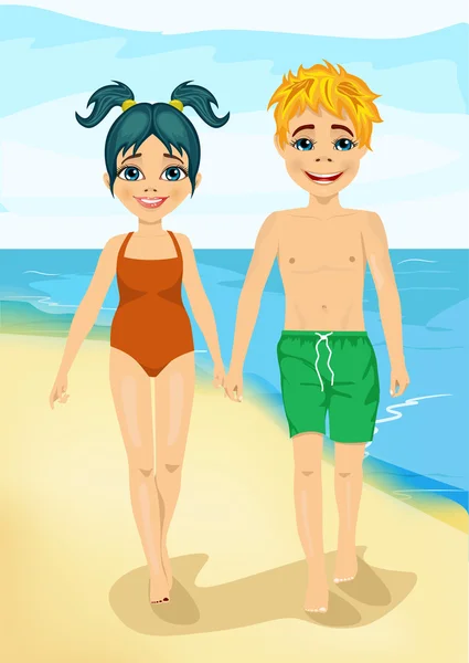 Brother and sister walking along a beach — Stockvector