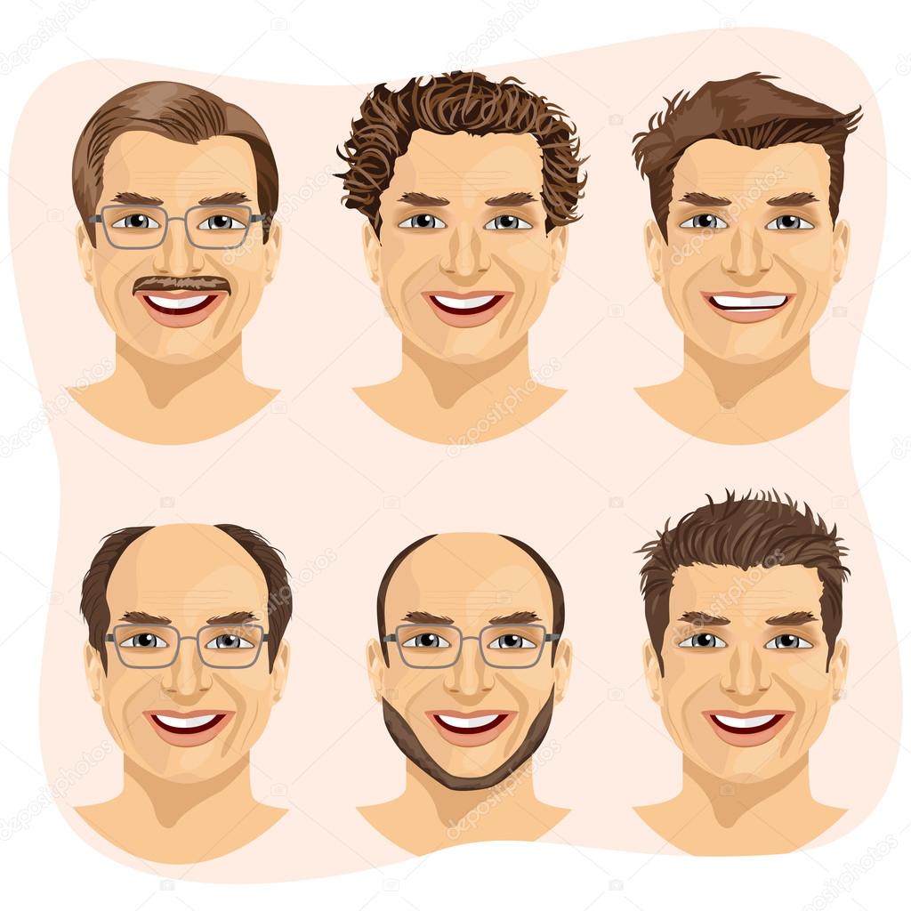isolated set of mature man avatar with different hairstyles