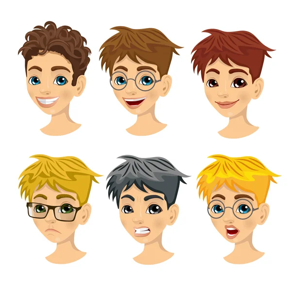 Conjunto de expresiones avatar chico adolescente con diferentes peinados — Vector de stock