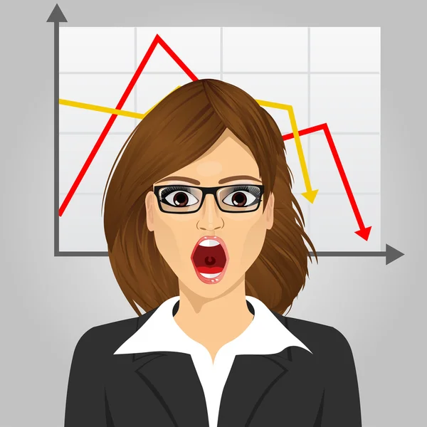 Emotional crying businesswoman in economic crisis with line graph showing negative trend — Stock Vector