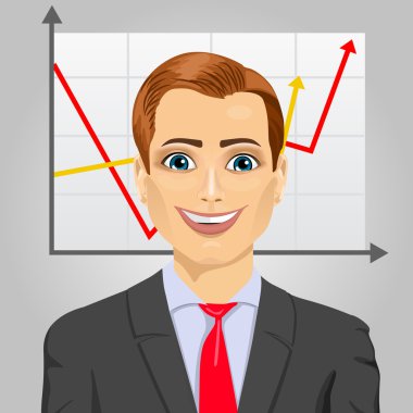 Young business man on a gray background with rising arrow, representing business growth
