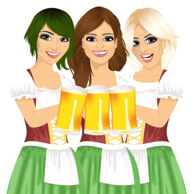 bir dirndl giyen kızartma için oktoberfest bira bardağı tutan üç güzel garson kızlar parti
