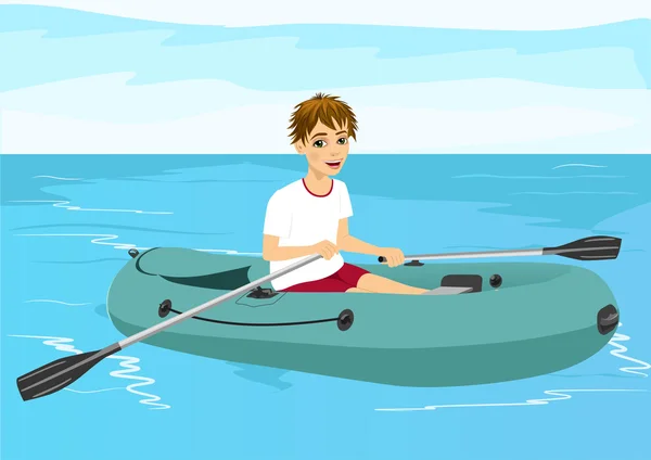 Adolescent garçon en caoutchouc bateau — Image vectorielle
