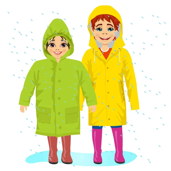 Bror och sisiter bär raingcoats — Stock vektor