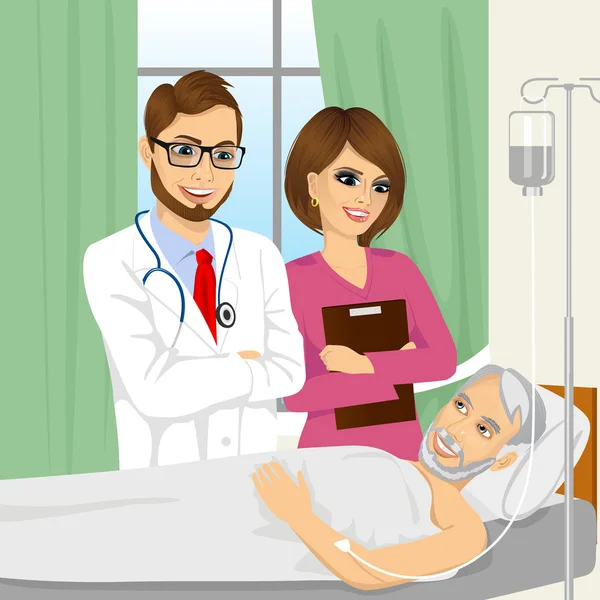 Jonge dokter en verpleegster een bezoek aan een patiënt senior oude man — Stockvector