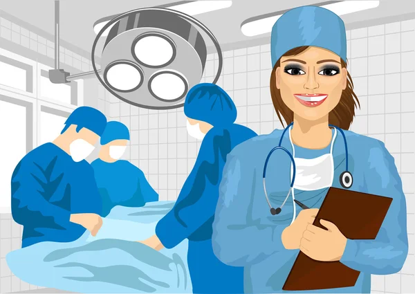 Enfermera quirúrgica en quirófano sujetando portapapeles — Vector de stock