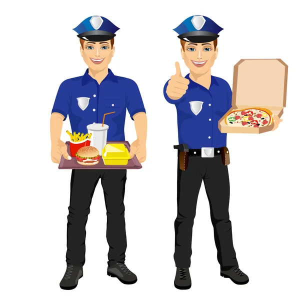 Dois policiais segurando bandeja cheia de fast food e pizza — Vetor de Stock