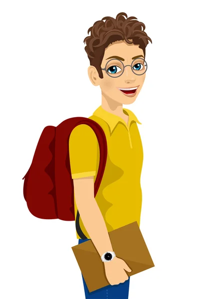 Estudiante adolescente con gafas y mochila celebración libro de texto — Vector de stock