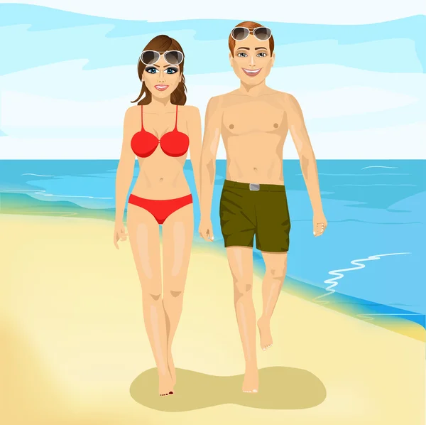 幸福的情侣漫步在沙滩上 — 图库矢量图片