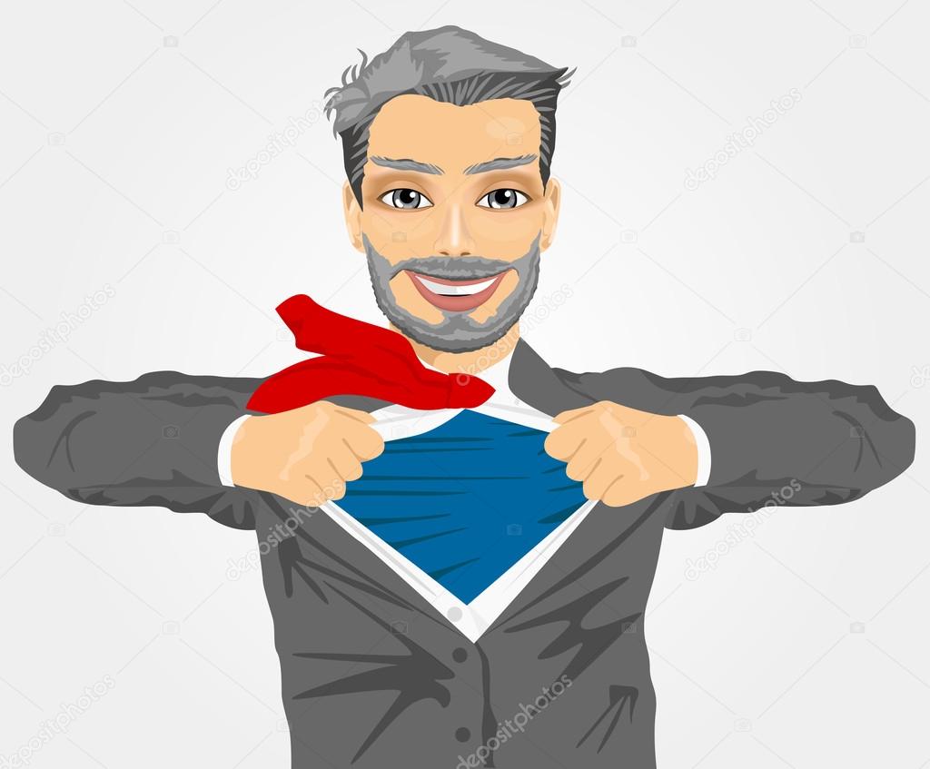 Mature businessman with superhero suit under his skirt