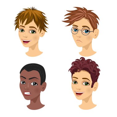 değişik saç modelleri ile genç avatar ifadeler kümesi