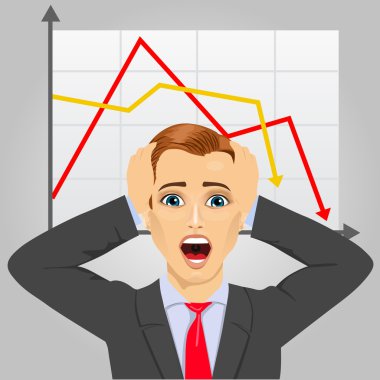 genç işadamı çizgi grafiği gösteren negatif eğilim ile ekonomik kriz kafasında kapma