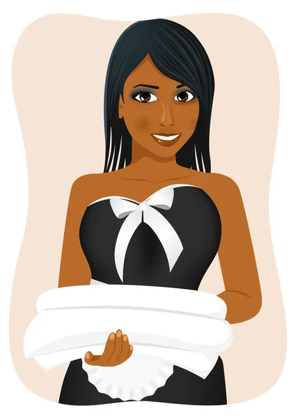 Feminino afro-americano empregada doméstica com toalhas e roupas de cama —  Vetores de Stock