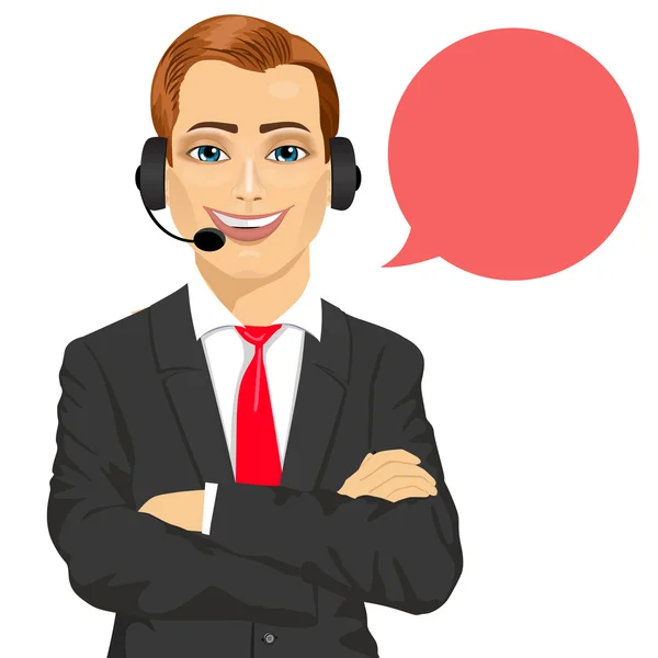 Feliz sorridente masculino suporte ao cliente operador de telefone com braços dobrados e bolha de fala — Vetor de Stock