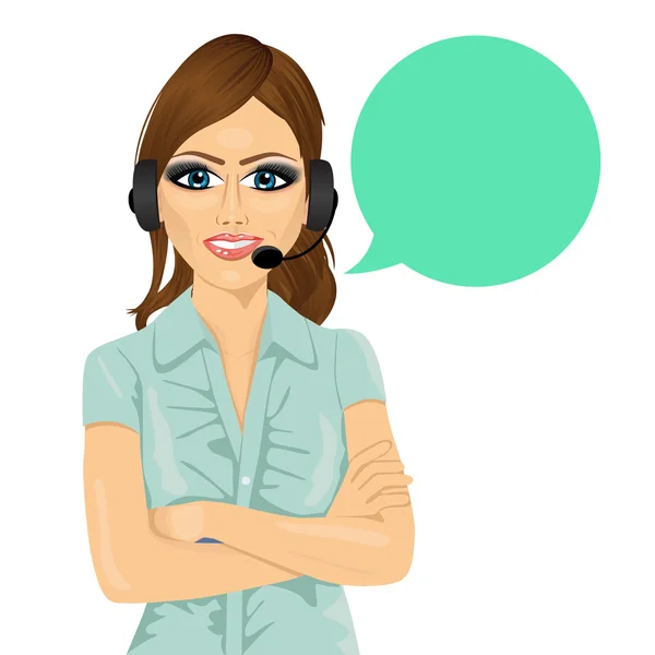 Attraente operatore telefonico femminile di assistenza clienti con braccia piegate e bolla vocale — Vettoriale Stock