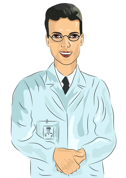 Young male doctor with glasses standing with his hands clasped — Stock Vector