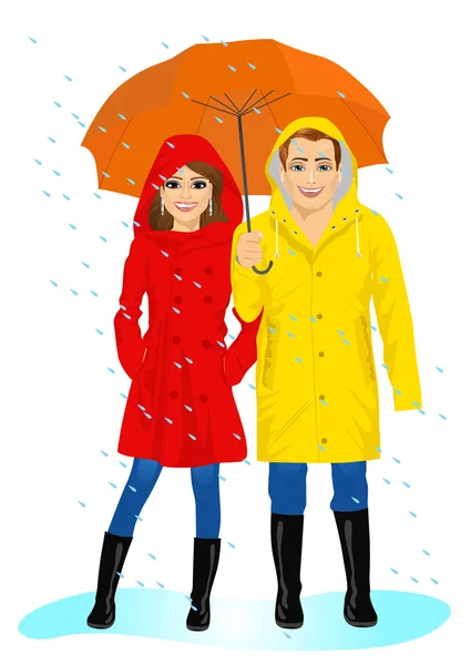 Happy couple in raincoats standing with umbrella — Stock Vector