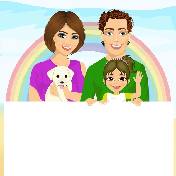 Famille heureuse avec chien de compagnie tenant un panneau blanc blanc devant l'arc-en-ciel — Image vectorielle