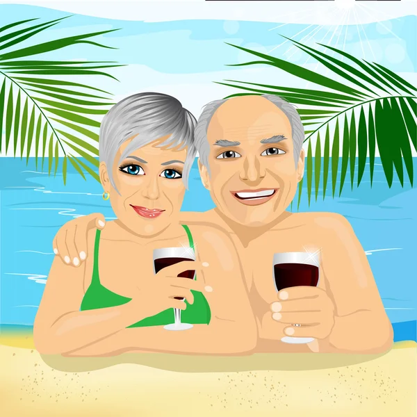 Pasangan senior yang cantik minum anggur merah berbaring di pantai - Stok Vektor