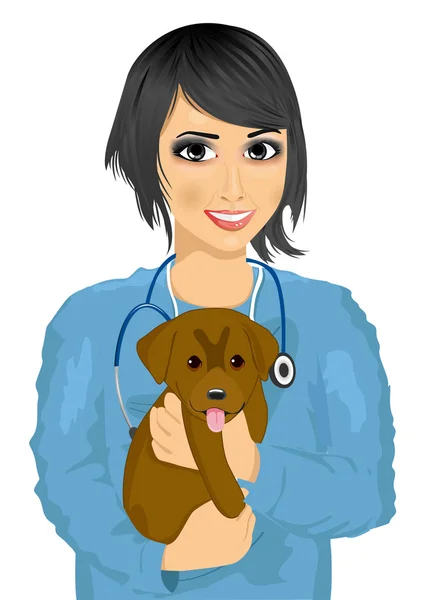 Young female asian veterinarian in nusery scubs hugging cute little dog — Stock Vector